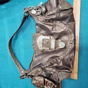 Brown Shoulder Bag with Decorative Buckle and Slouchy Style